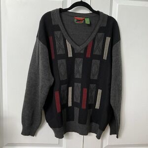 Boston Traders Mens V-Neck Sweater Merino Wool Blend Geometric Grey Black Large